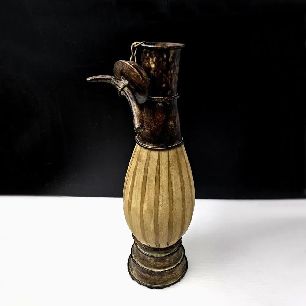 Vintage Decorative Decanter Urn Frosted Ribbed Glass & Metal w/ Horn Lid & Chain